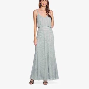 ART DECO BEADED BLOUSON GOWN IN FROSTED SAGE- Adrianna papell